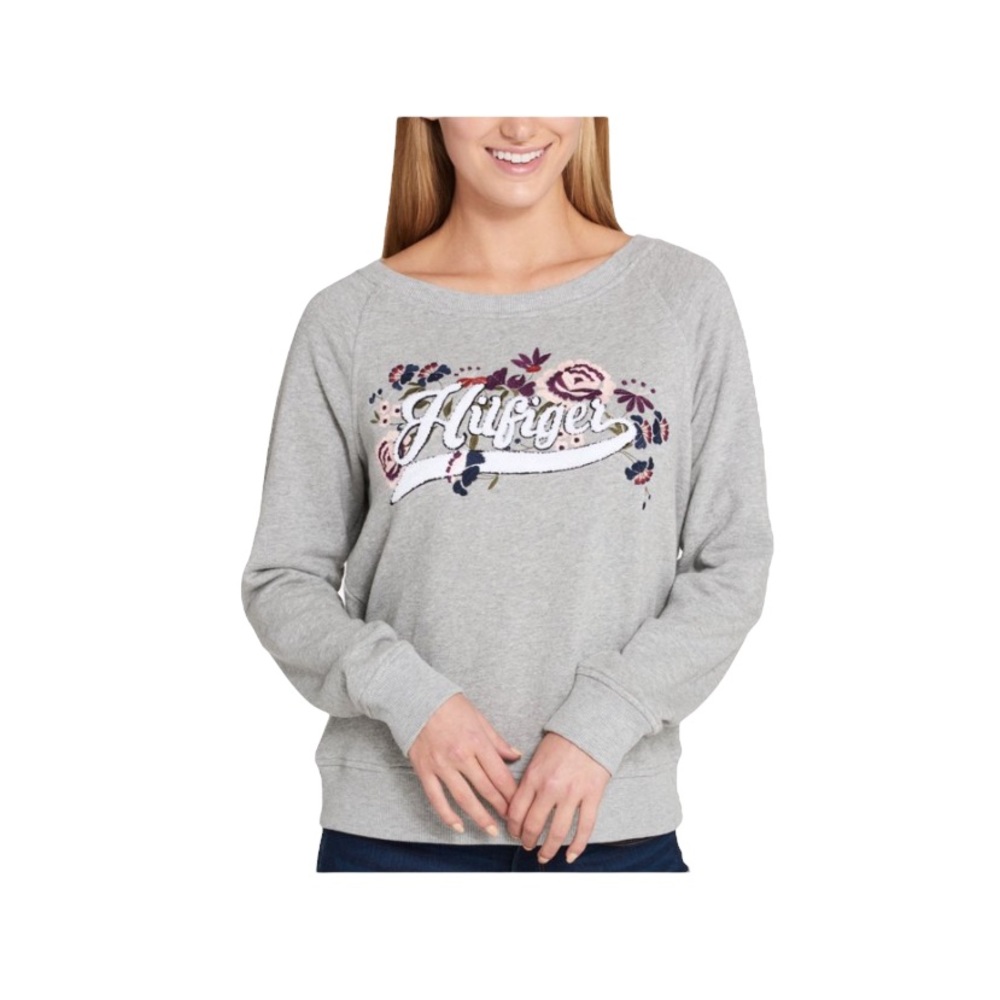 Tommy Hilfiger Womens Embroidered Sweatshirt M Floral Logo Crew Long Sleeve Gray